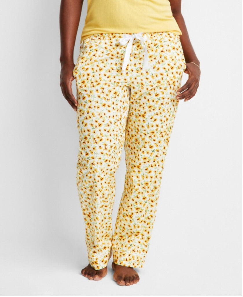 State of Day Women's Yellow Floral Printed Poplin Pajama Pants w/ Drawstring NWT