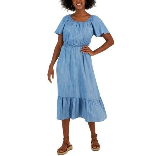 Style & Co. Women's On/Off-The-Shoulder Blue Chambray Maxi Dress NWT