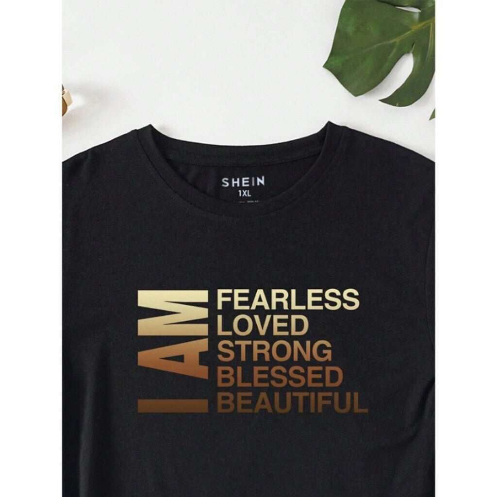 SHEIN Women's Boxy Oversized Black Graphic Tee - Fearless, Loved, Strong NIB