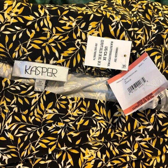 KASPER Plus Size Black and Yellow Leaf-Print Pull-On Midi Skirt NWT