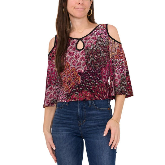 Sam & Jess Women's Medium Petite Purple Paisley Cold-Shoulder Knit Top NWT