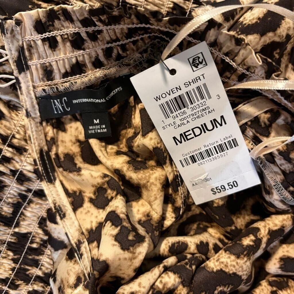 I.N.C. International Concepts Women's Printed Smocked-Waist Keyhole Top NWT.