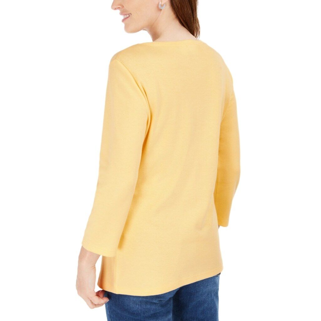 Karen Scott Women's Medium Petite 100% Cotton Yellow 3/4-Sleeve Henley Shirt NWT
