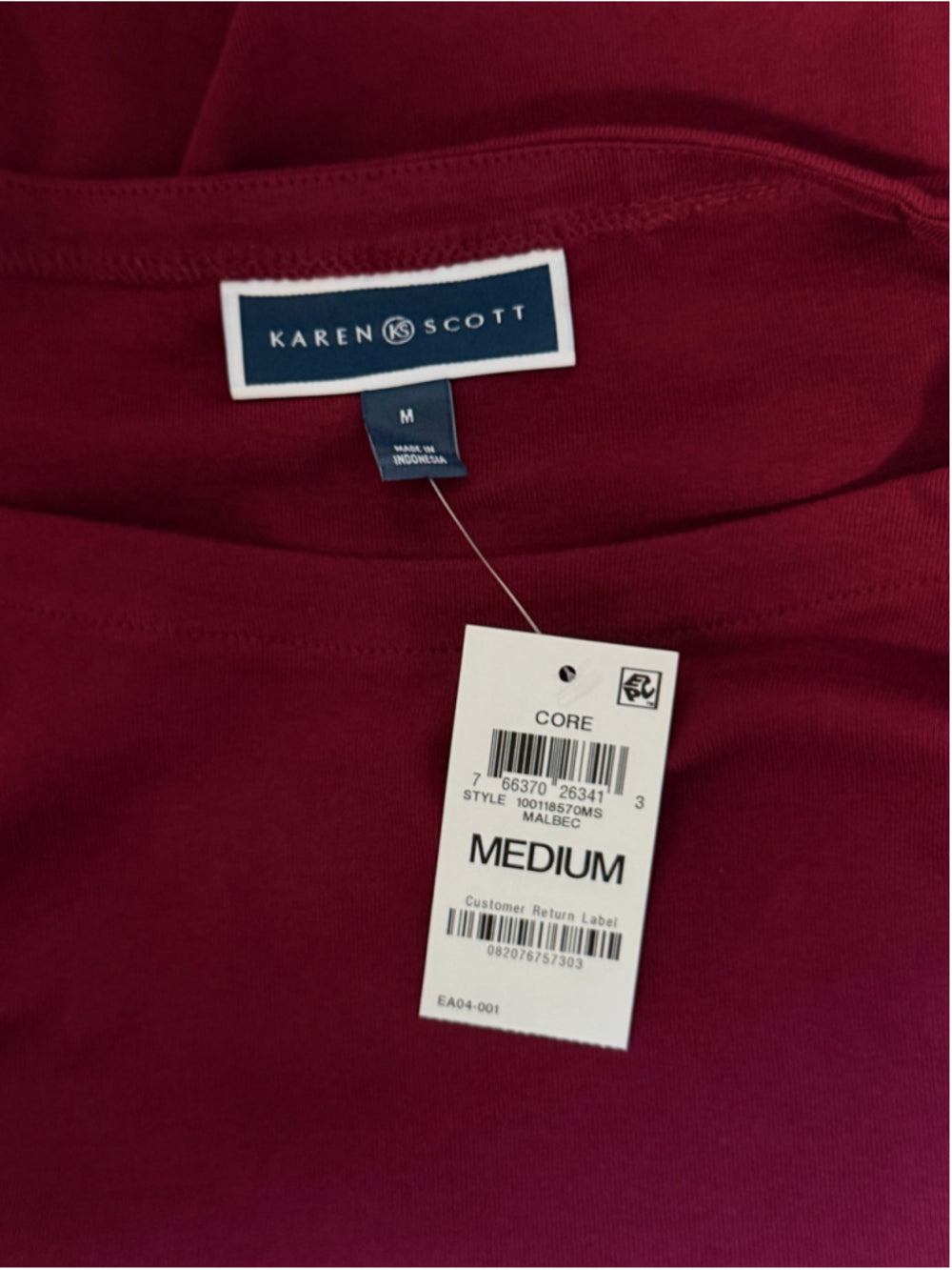 Karen Scott Size Medium 100% Cotton Burgundy Red Cutout-Sleeve Top NWT