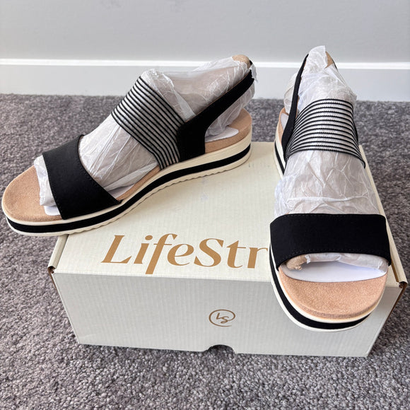 LifeStride Women's Size 8 Black Round Open Toe Wedge Slingback Sandals NIB