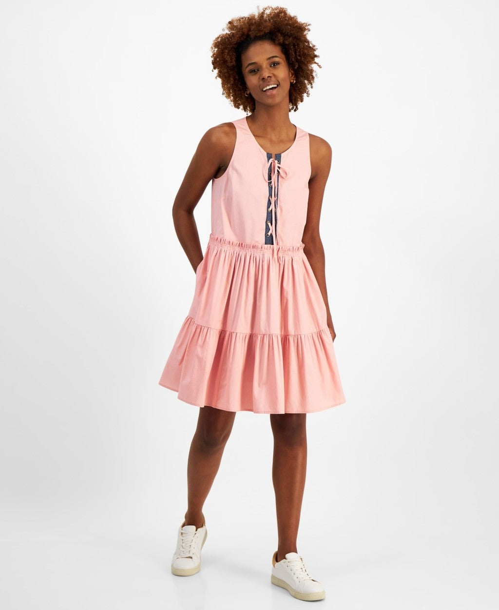 Nautica Jeans Women's Small Pink Lace-Up Tiered Ruffled Sleeveless Dress NWT