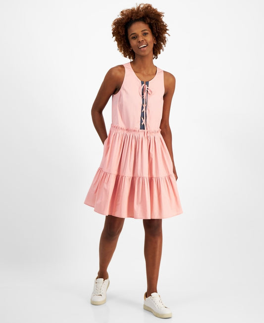 Nautica Jeans Women's Small Pink Lace-Up Tiered Ruffled Sleeveless Dress NWT