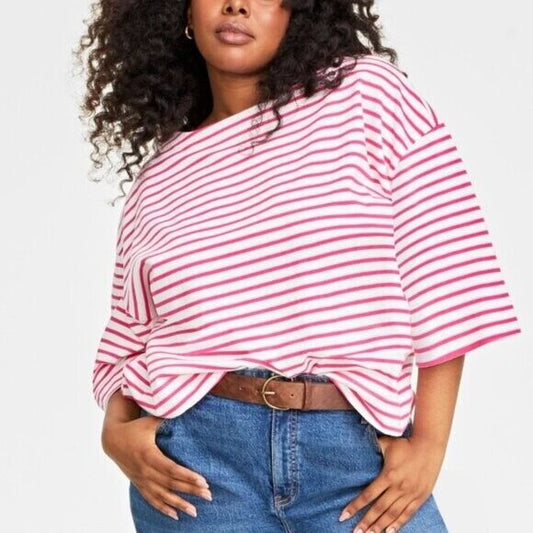 On 34th Plus Size Heavyweight Cotton Pink Striped Boat-Neck 3/4 Sleeve Top NWT