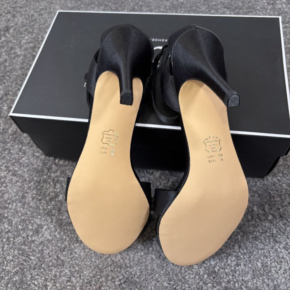 Nina Venus Women's 8 Black Satin Ankle Strap Heels / Heeled Shoes NIB