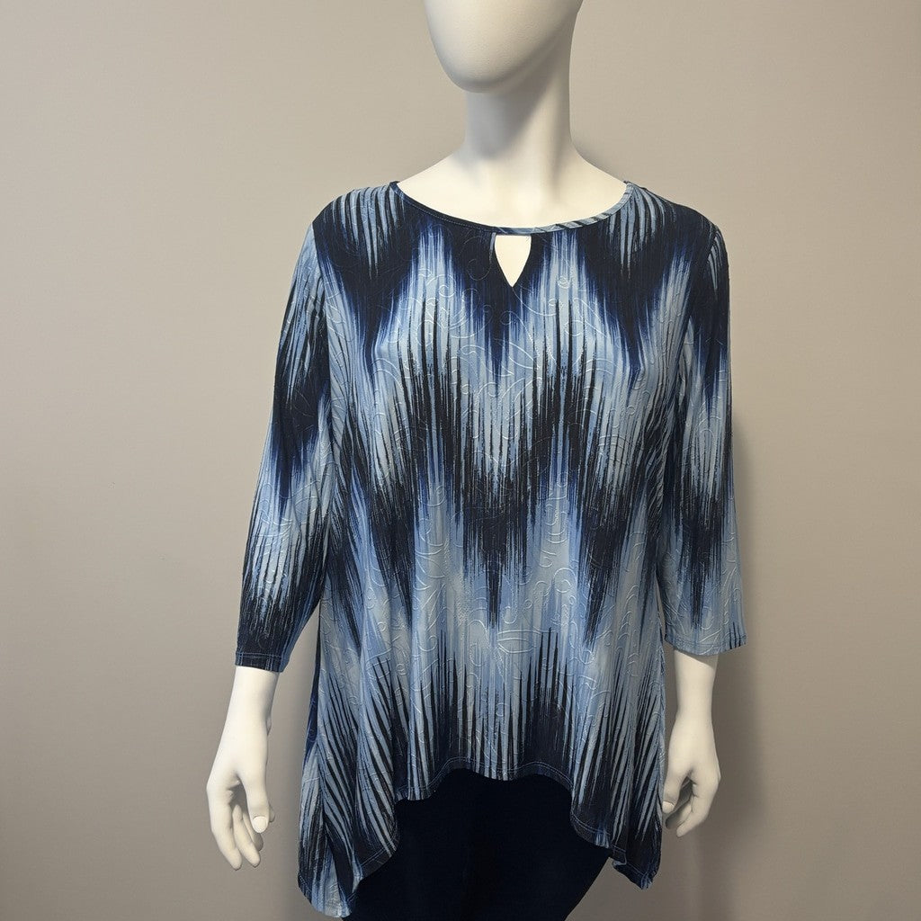 NY Collection Plus Size 3X Blue, White & Black Printed Handkerchief-Hem Top NWT
