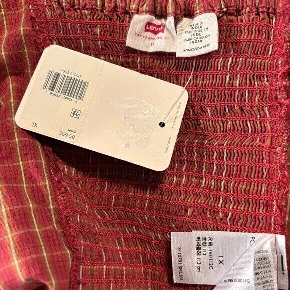 LEVI'S Trendy Plus Size Devin Cotton Red Plaid Ruched Balloon-Sleeve Top NWT