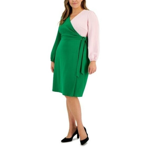 KASPER Plus Size Colorblocked Surplice Green and Pink Side-Tie Dress NWOT