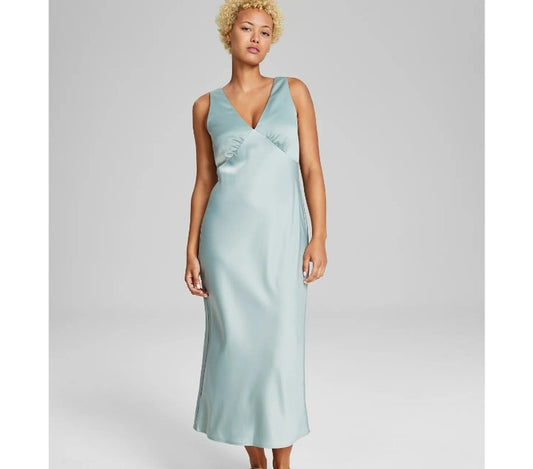 And Now This Women's Size Medium Green Satin Sleeveless Maxi Formal Dress NWT
