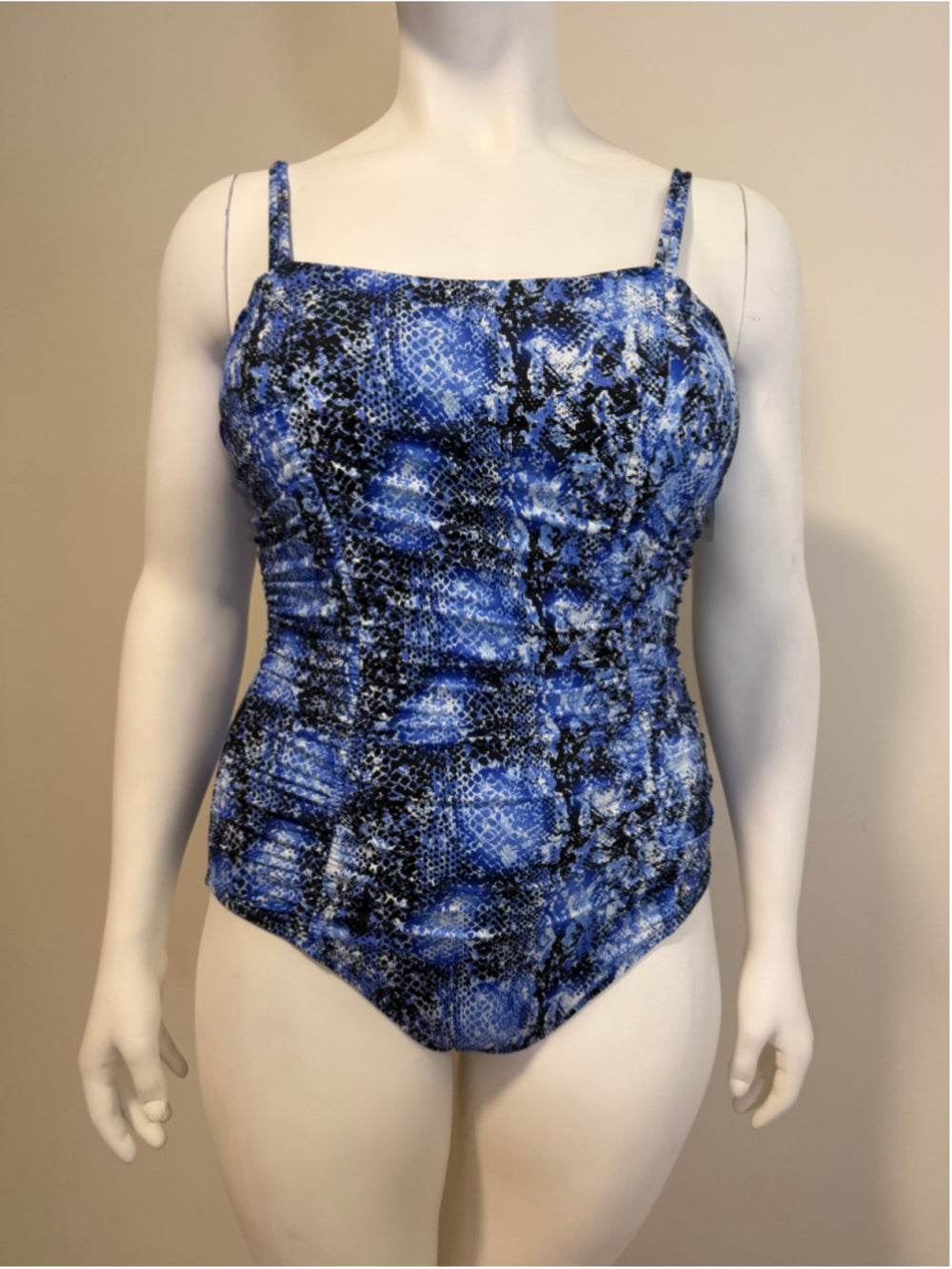 Swim Solutions Size 14 Blue Shirred Snakeskin-Print One-Piece Swimsuit NWT