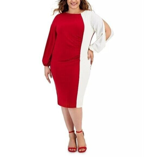 Kasper Plus Size Quinn White and Red Colorblocked Split-Sleeve Dress NWT