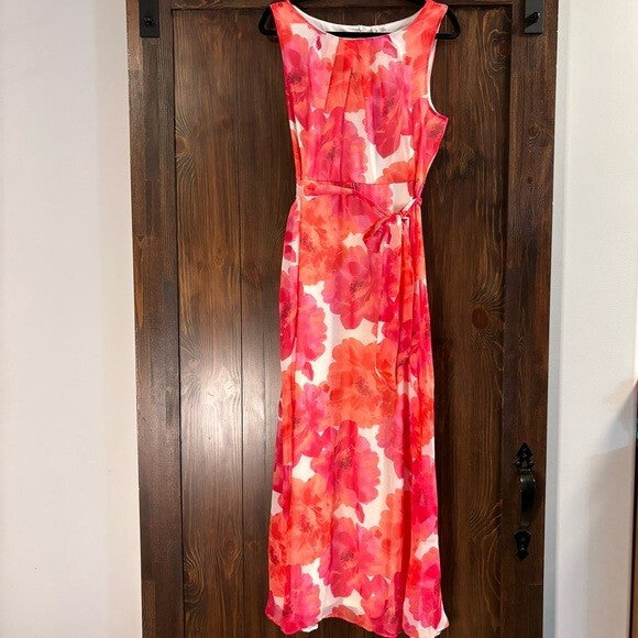 NY COLLECTION Large Petite Sleeveless Belted Chiffon Pink Floral Maxi Dress NWT