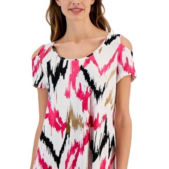 JM Collection Petite Medium Cold-Shoulder Pink, White & Black Printed Top NWT