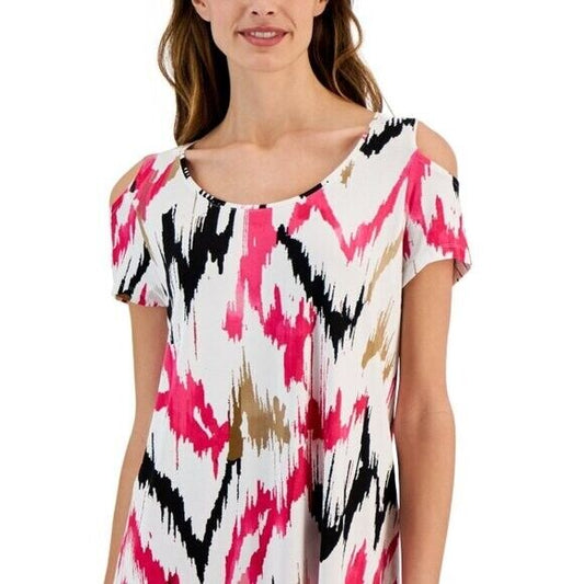 JM Collection Petite Medium Cold-Shoulder Pink, White & Black Printed Top NWT