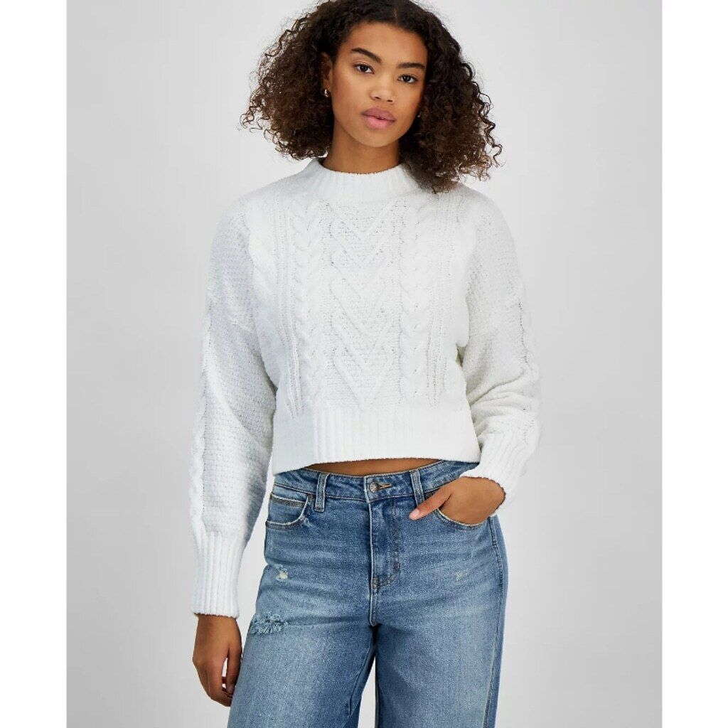 Hippie Rose Medium White Soft & Cozy Cable-Knit Mockneck Cropped Sweater NWT