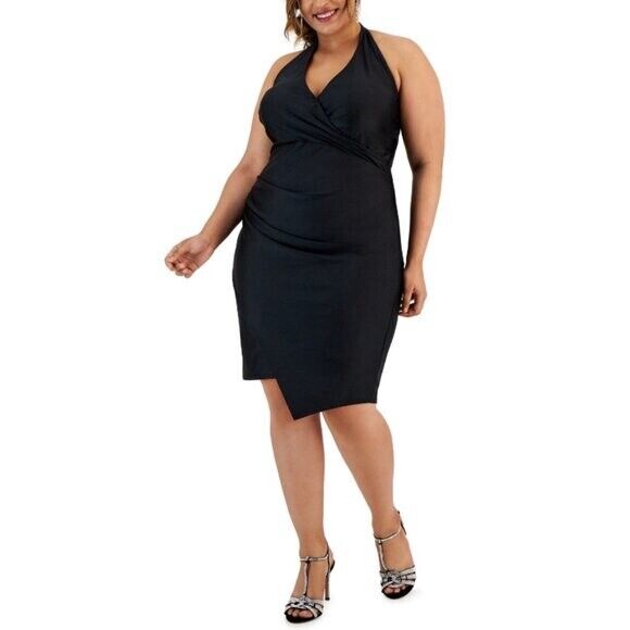 CITY STUDIOS Black Plus Size Stretchy Halter Faux-Wrap Dress NWT
