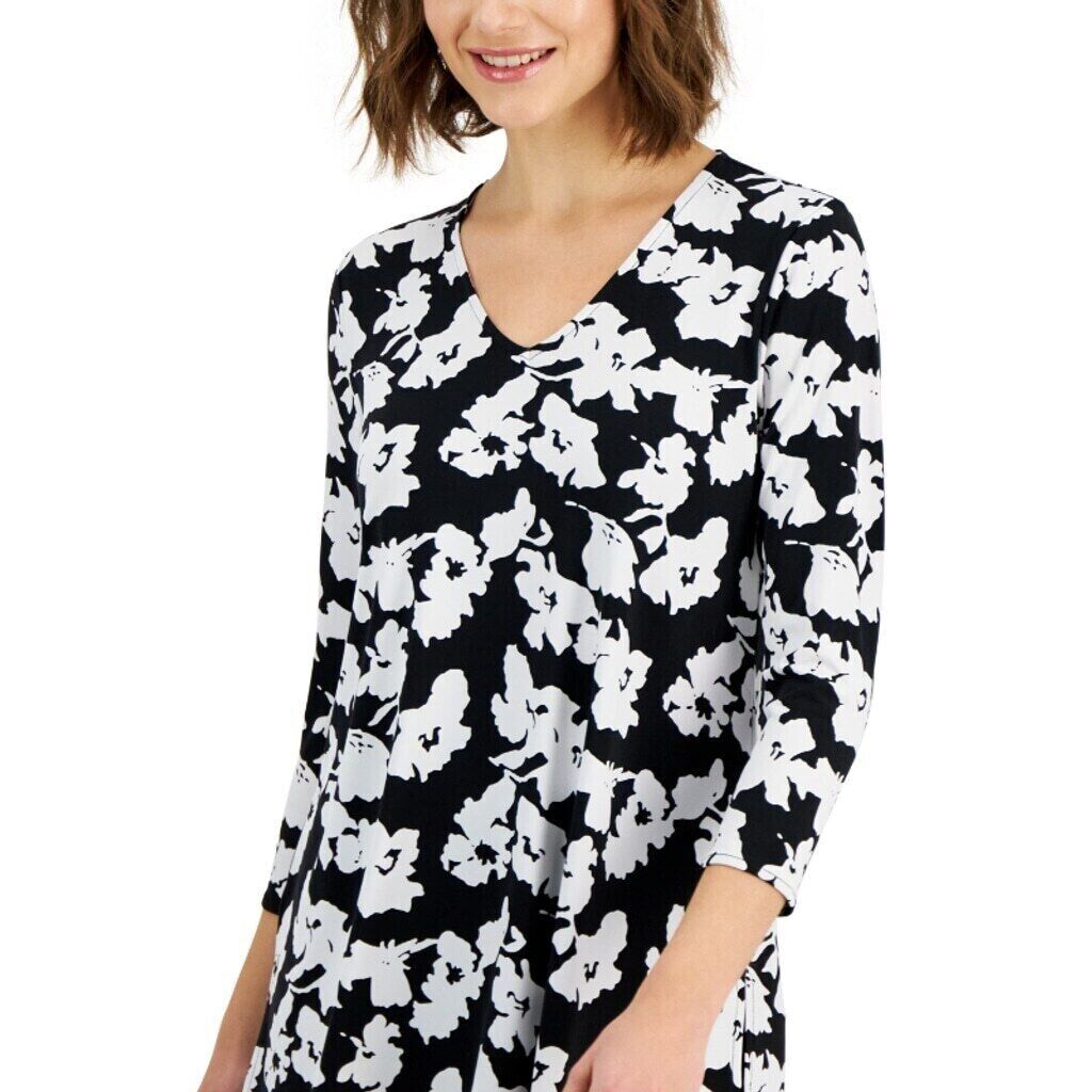 Alfani Women's Black & White Printed 3/4-Sleeve V-Neck Tunic Top NWT