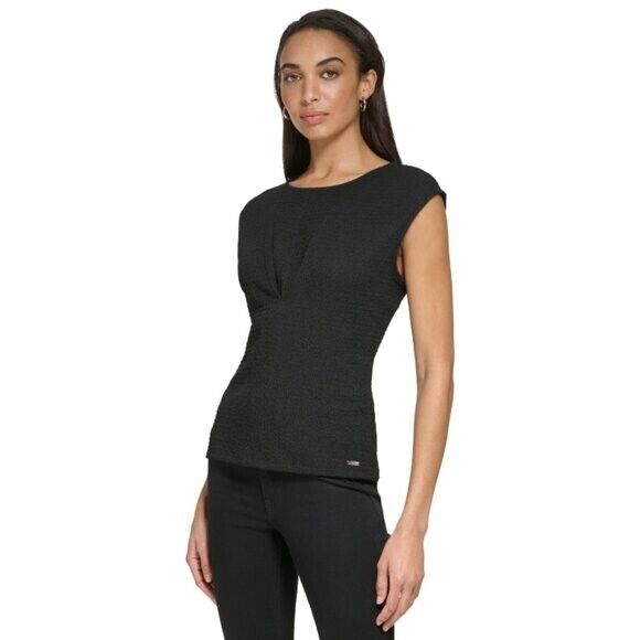 CALVIN KLEIN Black Cap Sleeve Pleated V-Bodice Textured Blouse NWT