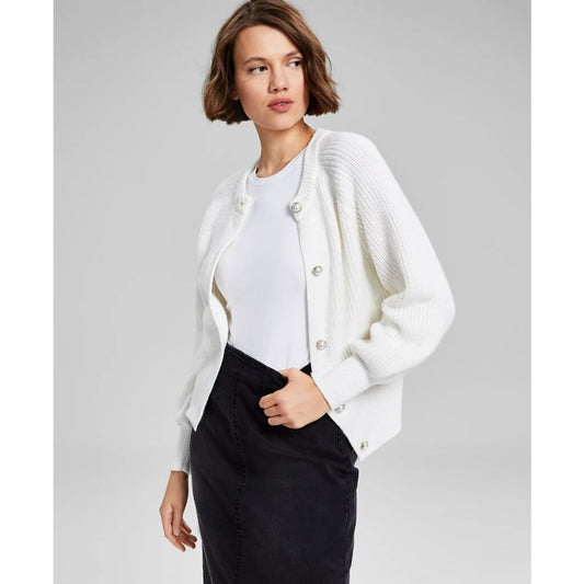 And Now This Women's Small Faux Pearl-Button White Cardigan Sweater NWT