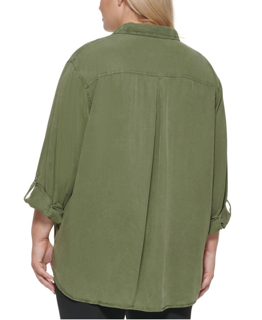 Calvin Klein Jeans Plus Size 2X Olive Green Button-Down Utility Shirt NWT
