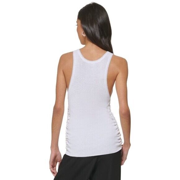 DKNY Women's Medium White Ruched Scoop-Neck Metallic-Trim Tank Top NWT