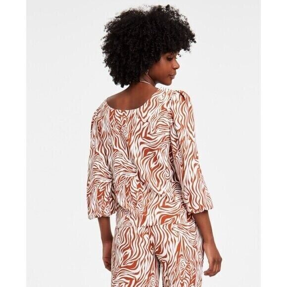 BAR III Women's Brown and Cream Animal-Print Scoop-Neck Puff-Sleeve Top NWT