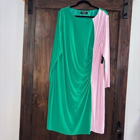 KASPER Plus Size Long-Sleeve Ruched Green & Pink Colorblocked Sheath Dress NWT