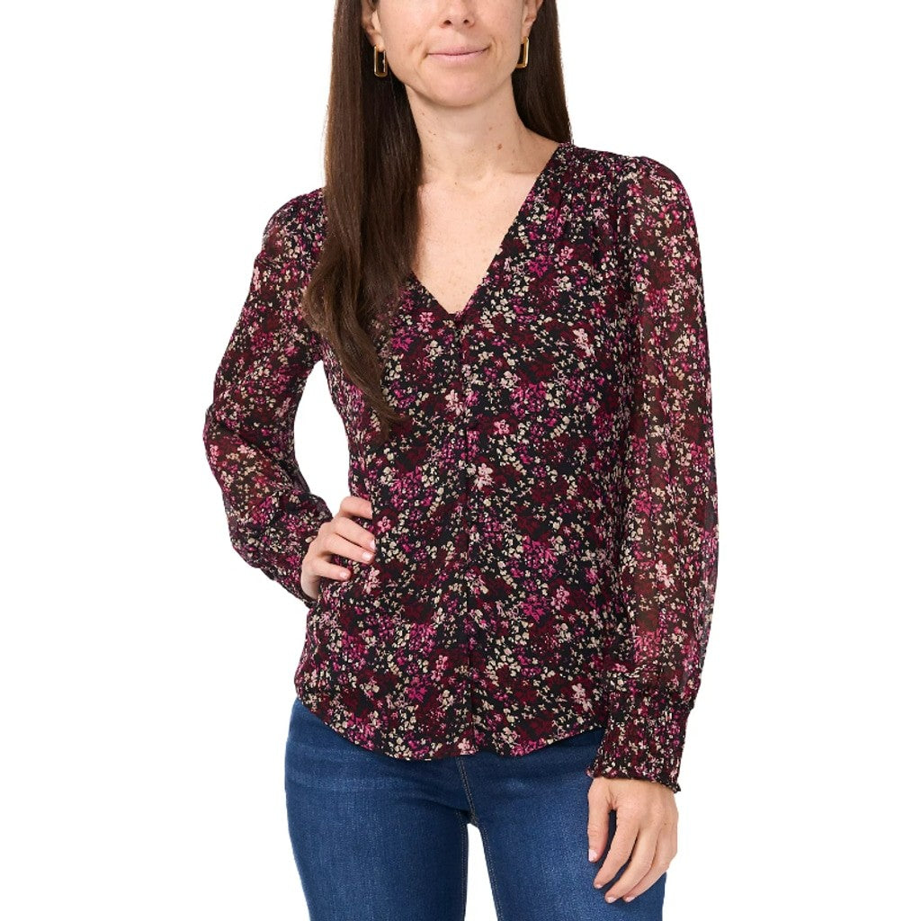 Sam & Jess Women's Medium Petite Black w/ Pink Floral Print V-Neck Top NWT