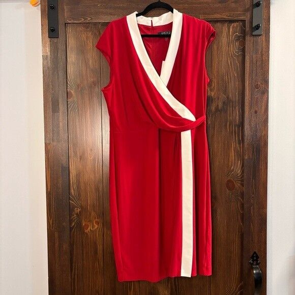 KASPER Plus Size Red and White Colorblocked Faux-Wrap Cap-Sleeve Dress NWT