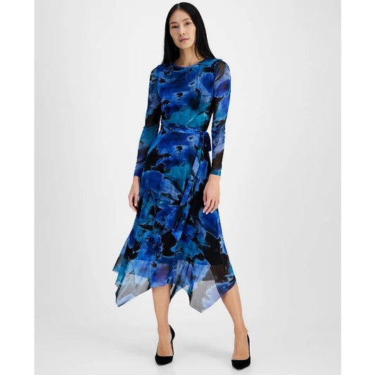 Anne Klein Women's Small Petite Blue Printed Handkerchief-Hem Midi Dress NWT