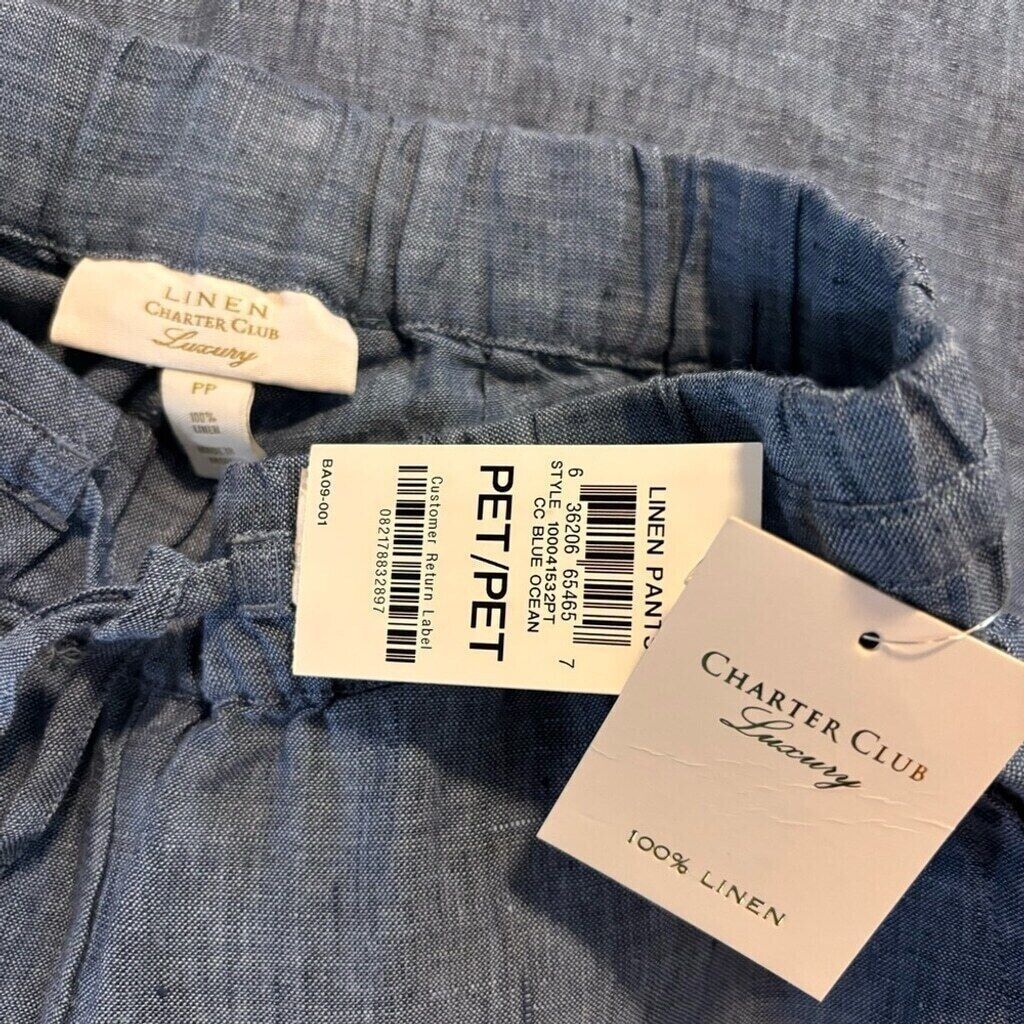 Charter Club Luxury Line Blue Petite 100% Linen Drawstring Pants NWT