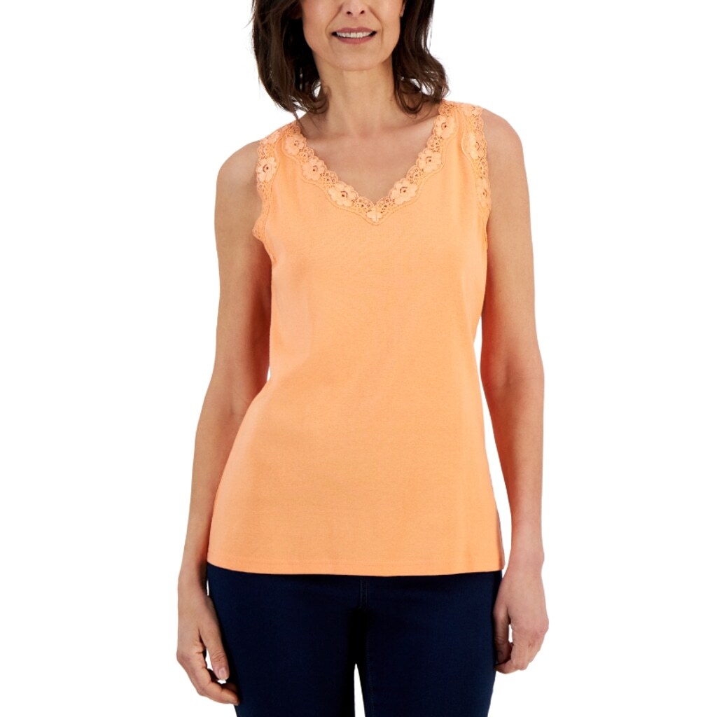Karen Scott Women's Medium 100% Cotton Orange Scalloped-Lace Tank Top NWT