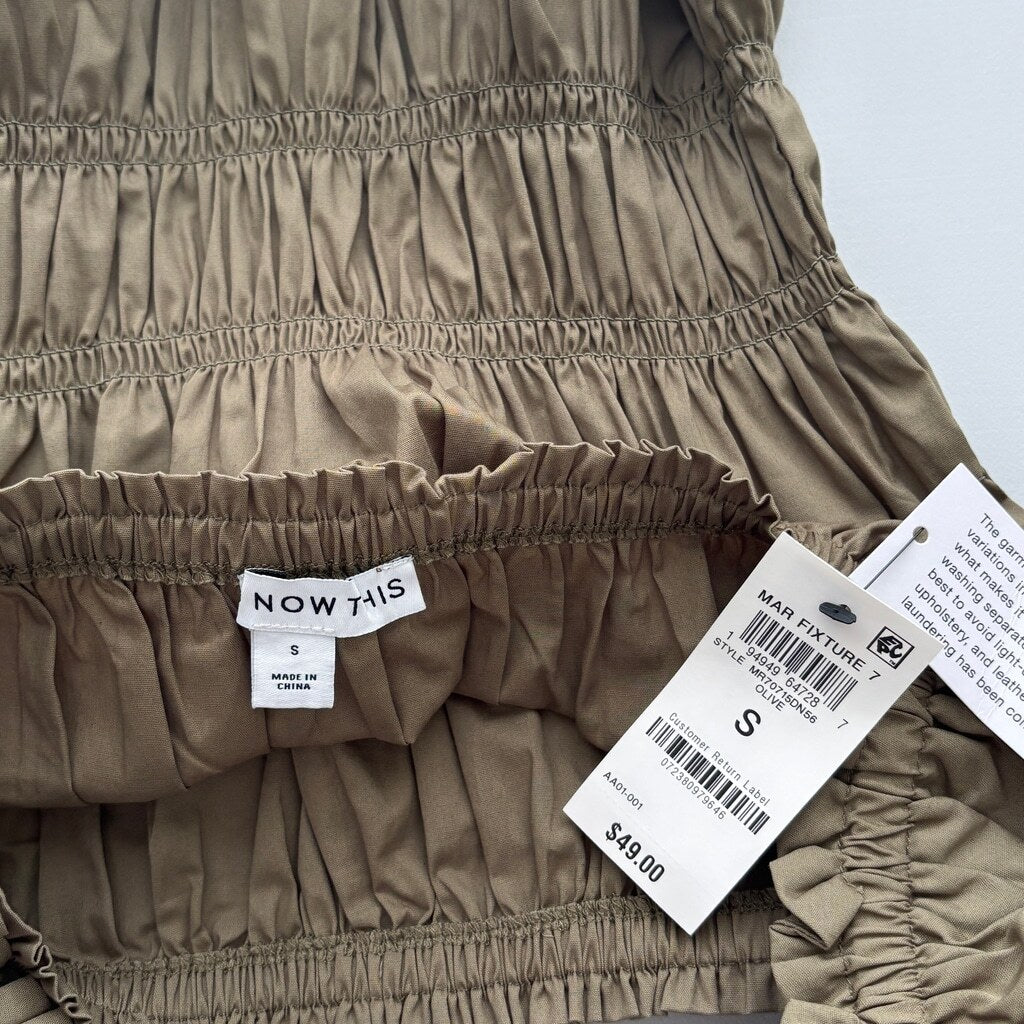 And Now This Women's Small 100% Cotton Olive Green Ruched Puff-Sleeve Top NWT
