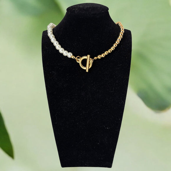 Classic Gold Colored OT Clasp Pearl Bead Chain Choker Necklace for Women NWT