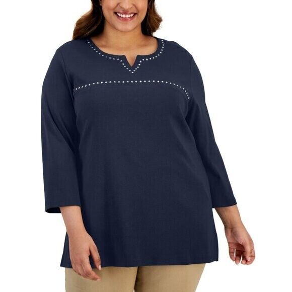 Karen Scott Plus Size Navy Blue Embellished Cotton Tunic NWT.