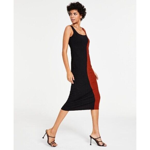 Bar III Women's Small Square Neck Black and Brown Colorblocked Midi Dress NWT