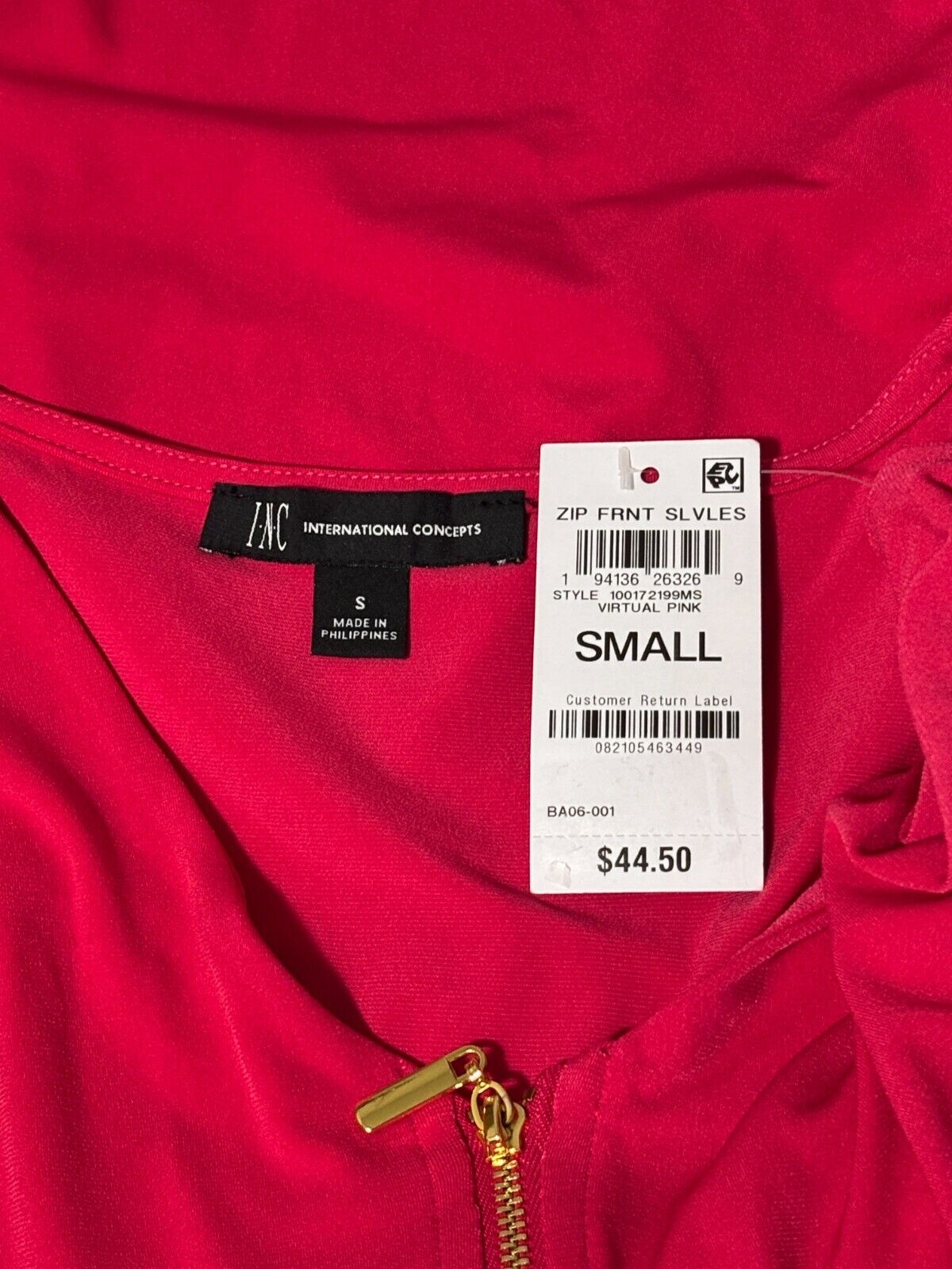 I.N.C. International Concepts Women's Sleeveless Hot Pink 1/4-Zip Top NWT