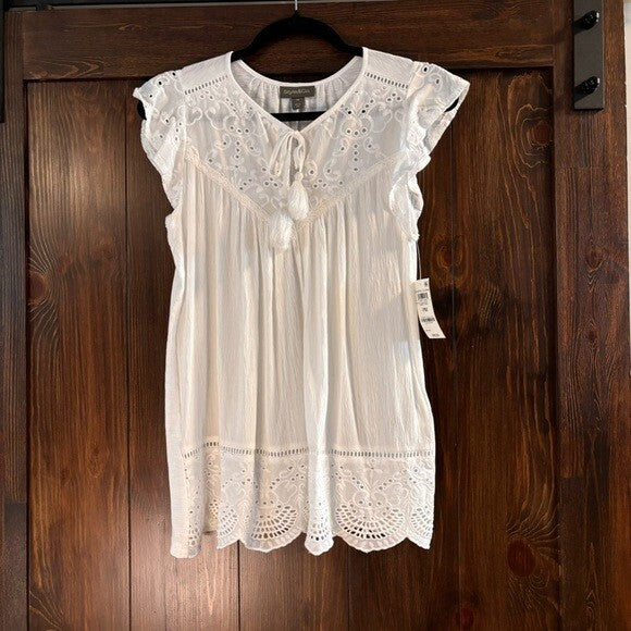 Style & Co. Petite Medium White Eyelet Lace Sleeveless Peasant Blouse NWT