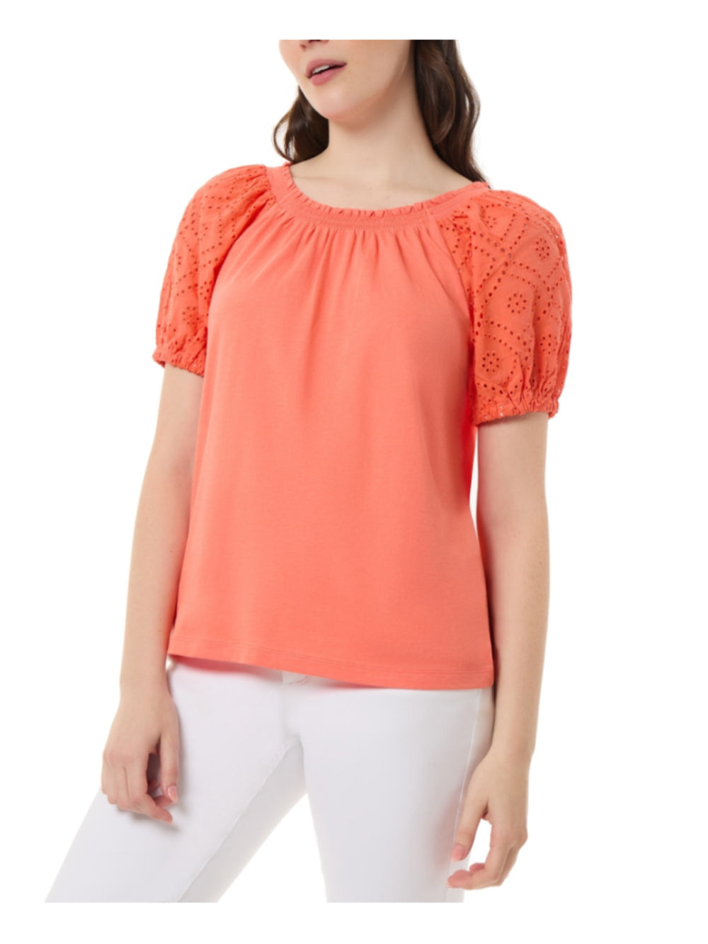 Jones New York Women's Small Sherbet Orange Eyelet Short Sleeve Top NWT
