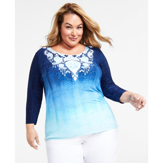JM Collection Women's Plus Size 0X Gradient Blue Ikat Jacquard Top NWT