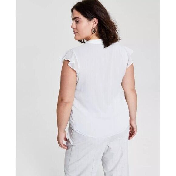 CALVIN KLEIN Plus Size Tie-Neck Ruffle-Sleeve Grey Chiffon Blouse NWT