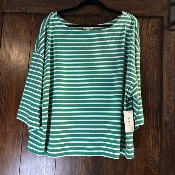 On 34th Plus Size Heavyweight Cotton Striped Boat-Neck 3/4 Sleeve Top NWT