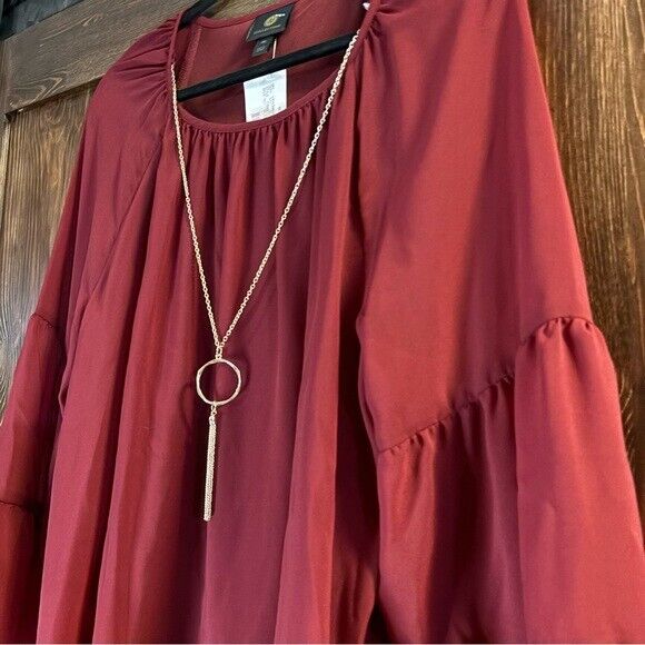 JM Collection Petite Extra Large Burgundy Long Tier-Sleeve Necklace Top NWT.