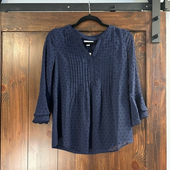 CHARTER CLUB Women's Textured Pintuck Navy Blue Chiffon Top NWT