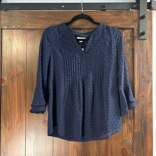 CHARTER CLUB Women's Textured Pintuck Navy Blue Chiffon Top NWT