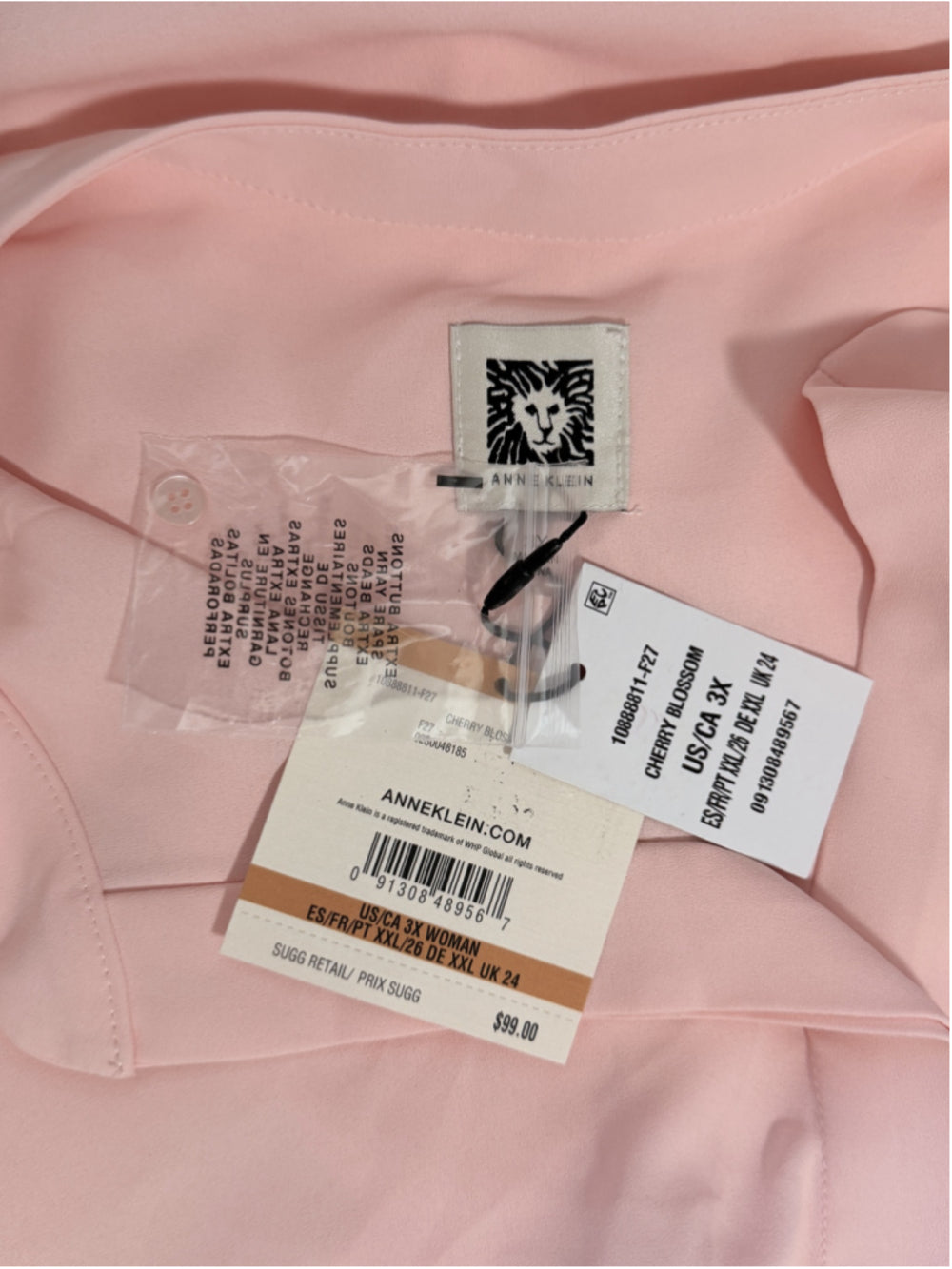 Anne Klein Plus Size 3X Pink Long Popover Tunic Top w/ Long Sleeves NWT